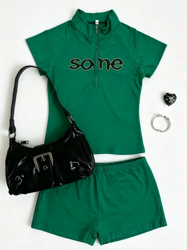 

Coquette Dark Green Half Zip Short Sleeve Set Women With Letter Print Detail For Daily Wear And Street Outfit