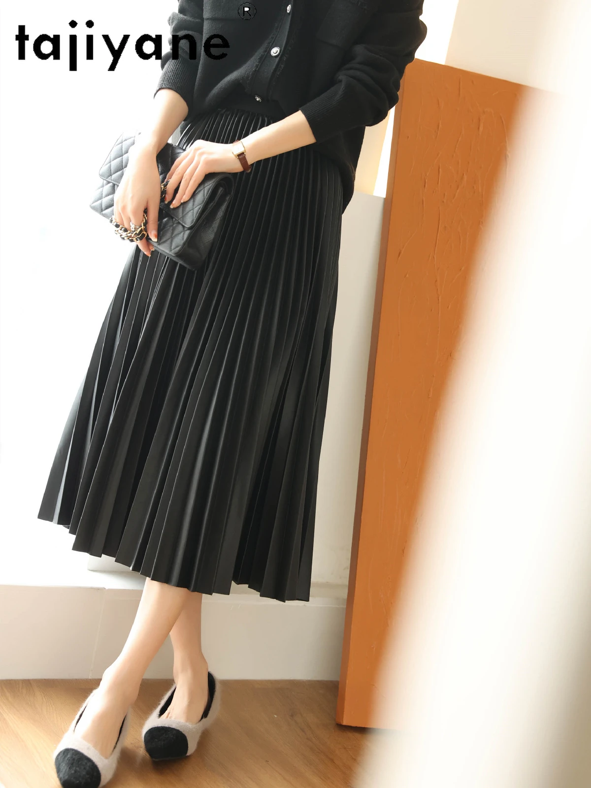 TAJIYANE Genuine Leather Long Pleated Skirt Women Real Sheepskin High Waisted Skirts for Woman 2025 Spring Women's Clothing 롱스커트