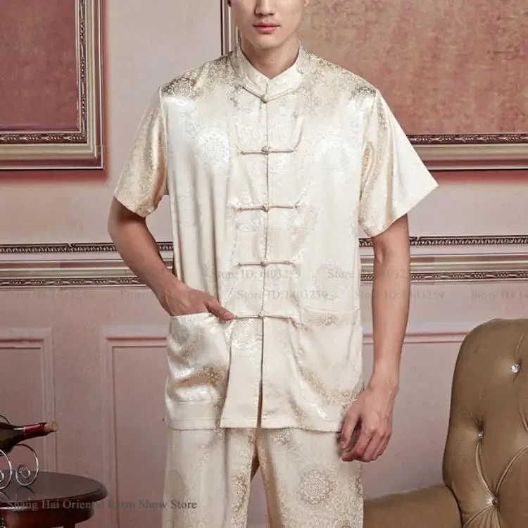 الجليد الحرير الجاكار الكونغ فو الزي تاي تشي موحدة حجم كبير الملابس الصينية التقليدية الرجال تانغ دعوى فضفاض صالة ارتداء Homewear