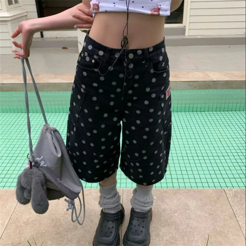 Summer Women's Retro Polka Dots Straight Shorts Young Girl Knee Length High Waist Pant 90s Trousers Female Minimalist Streetwear