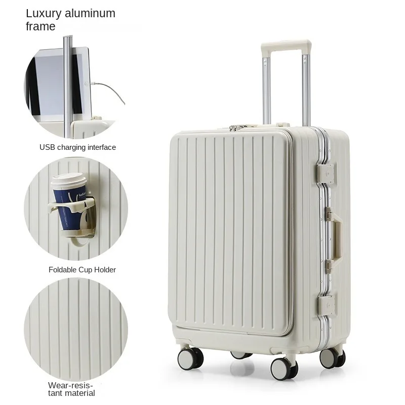 Travel Suitcase Rolling Luggage Zipper Aluminum Frame Boarding Trolley Case With wheels Carry-on Luggage with Cup holder