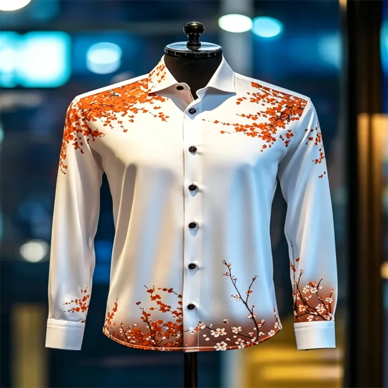 Men's Satin Long-Sleeve Dress Shirt – White with Pink Cherry Blossom Print – Luxury Style – Fast Shipping (Available in 11 Color