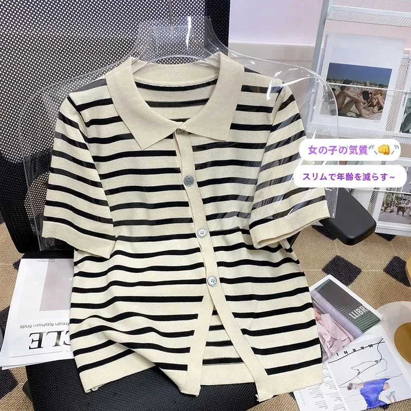 plus Size Women's Loose Slimming Top Summer New Style Striped Knitted Short Sleeve  Collar T-Shirt Korean Style Regular Fit