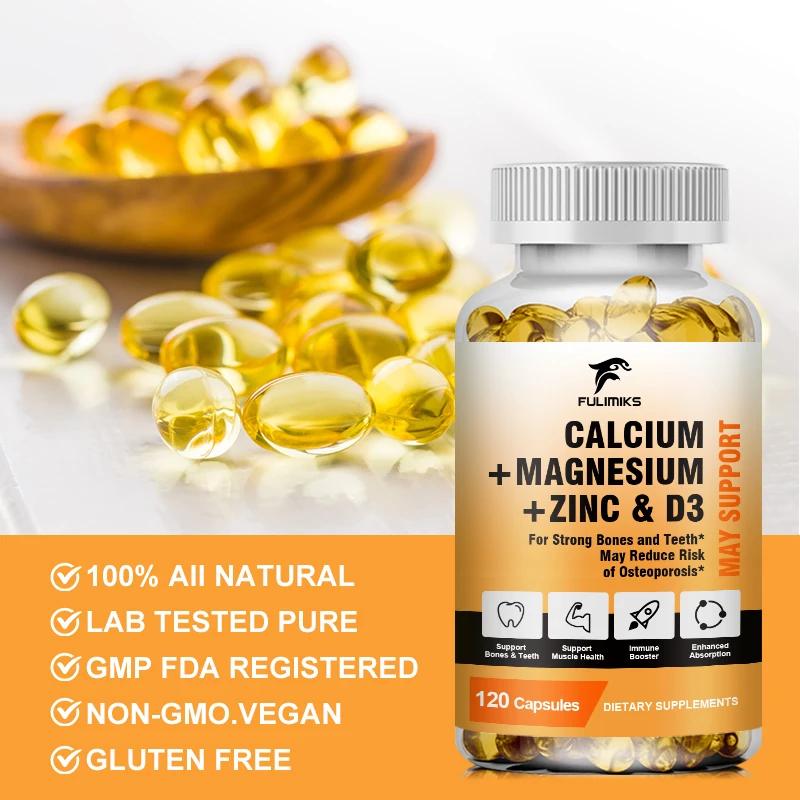 Calcium Magnesium Zinc Capsule Vitamin D3 for Strong Bones Teeth Heart Nerve Increase Immune System Function Supplement