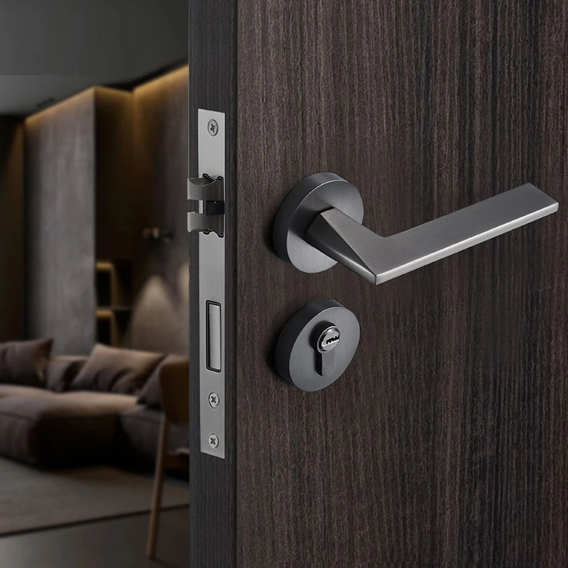 Modern Minimalist Door Lock Indoor Split lock Magnetic Suction Silent Bedroom Door Lock Gray Solid Wood Door Handle Lock