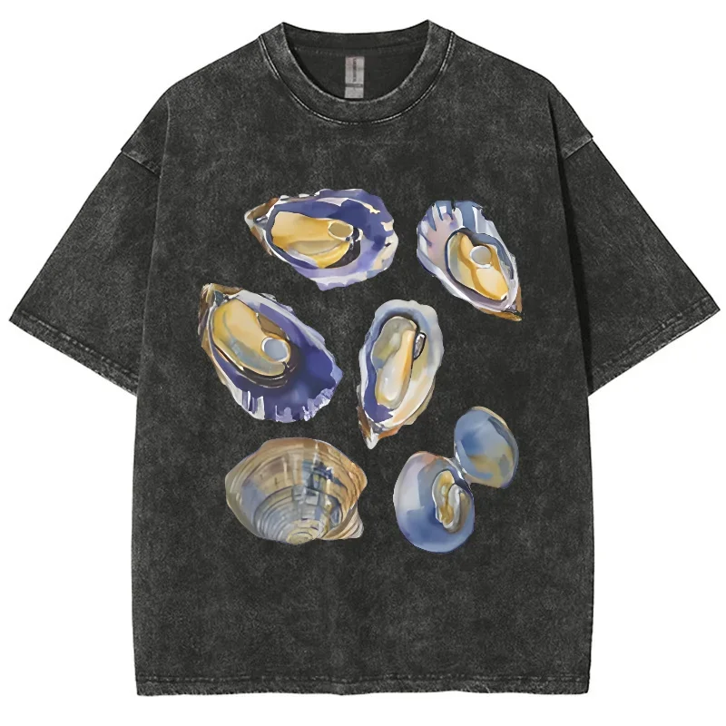 Herren-T-Shirt mit Muscheldruck, Vintage-Stil, gewaschener Stil, cooles und bequemes T-Shirt, Sommer-Top