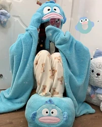 Sanrio Hangyodon Hooded Cloak Plush Thickened Warm Flannel Blanket With Hat Warm Foot Treasure One Piece Slippers Girl Gift