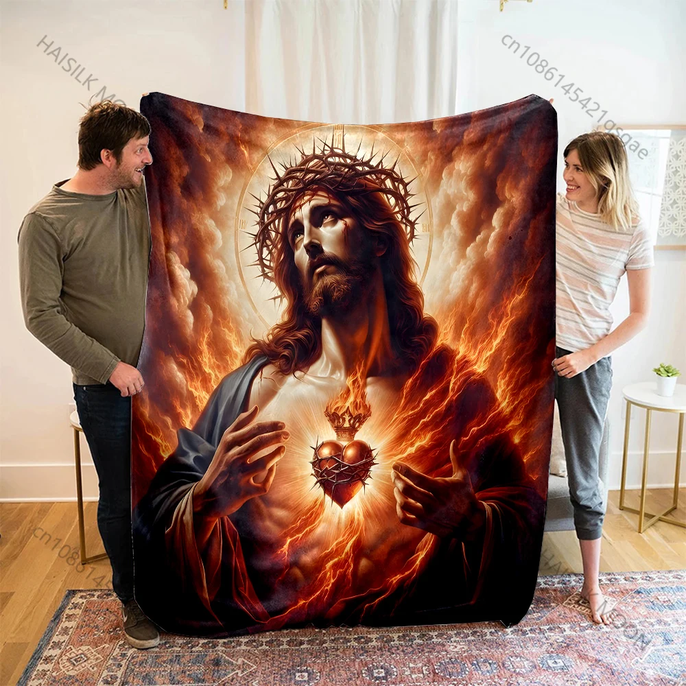 1PC Burning Sacred Heart with Crown Print Blanket Warm Soft Fluffy Kids and Adult Sofa Bed Throw Blanket Outdoor Travel Camping