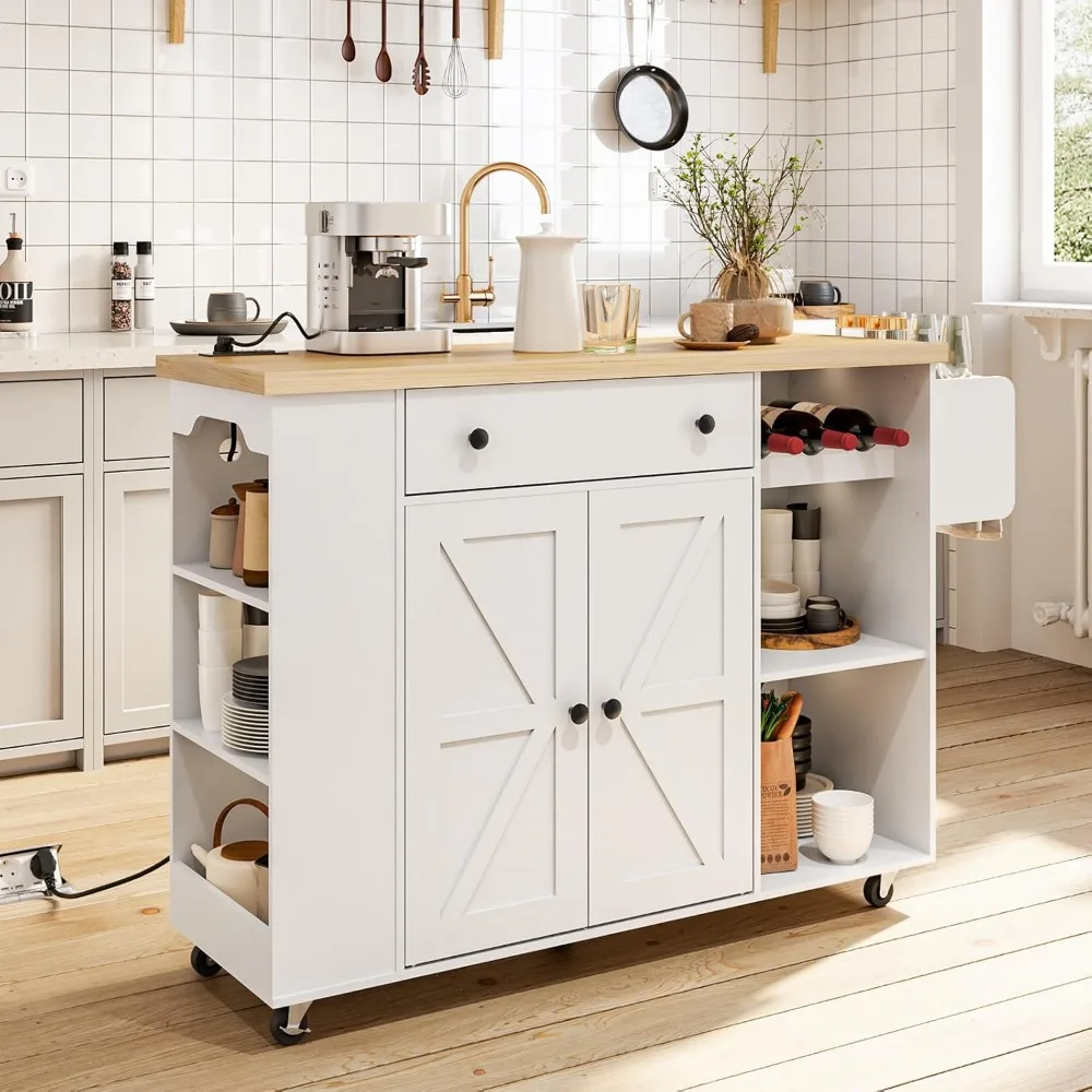 

Kitchen Island with Power Outlet, Rolling Kitchen Island on Wheels, White Kitchen Cart with Door Cabinet, Island Table with Sto