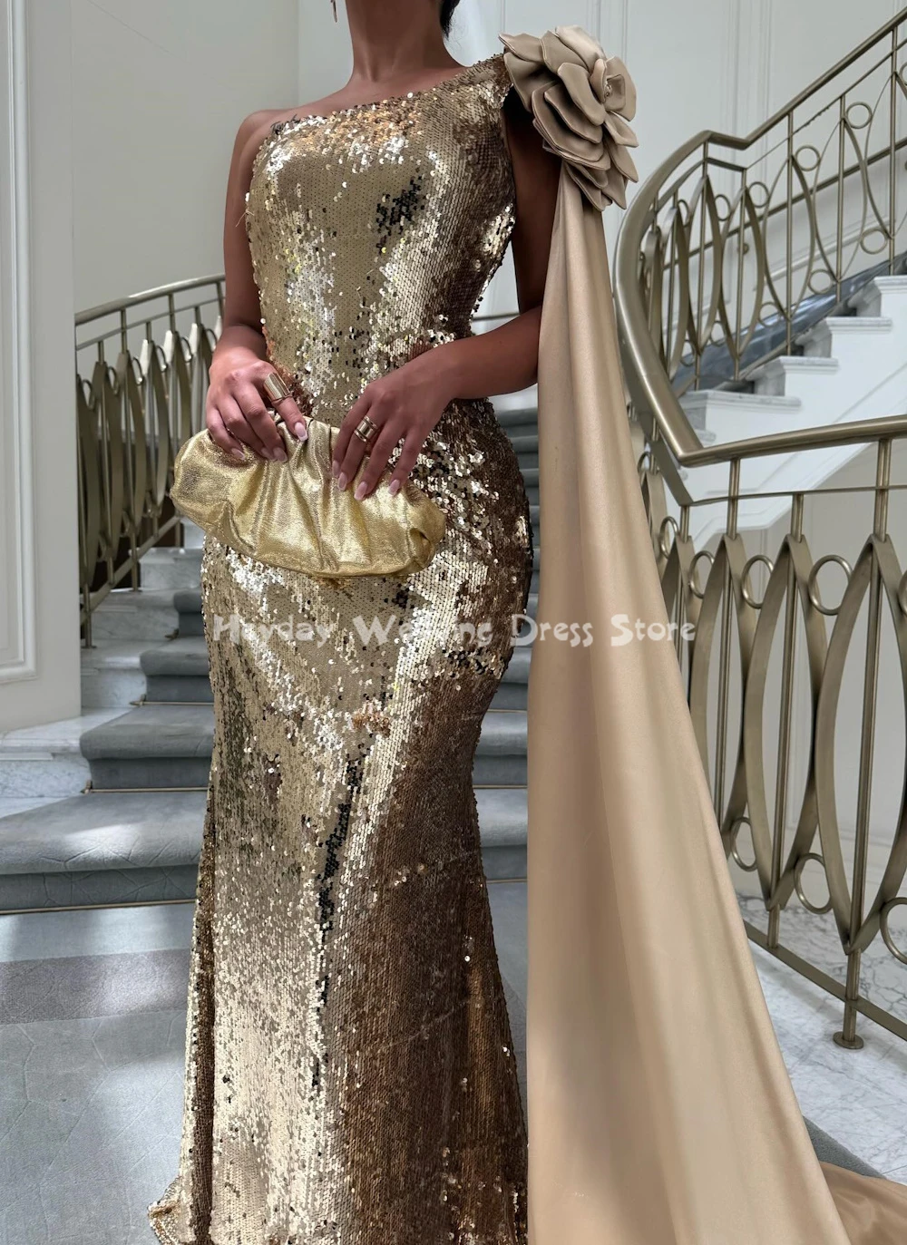 ヘイデイ レディース スパークリー スパンコール ワンショルダー 3Dフラワー ラグジュアリー ドバイ イブニングドレス ノースリーブ ショール付き エレガントドレス 2025