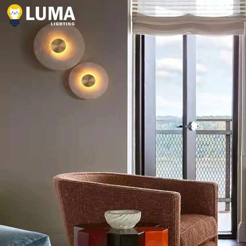 Luma Natural Alabaster Stone LED Wall Lamp, Round Marble Copper Sconce Light for Foyer TV Background Bedside Staircase Decor