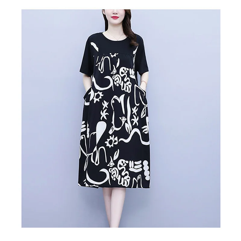 Fashion O-Neck Printed Spliced Loose Folds Fake Two Pieces Midi Dress Women's Clothing 2023 Summer New Oversized Casual Dresses