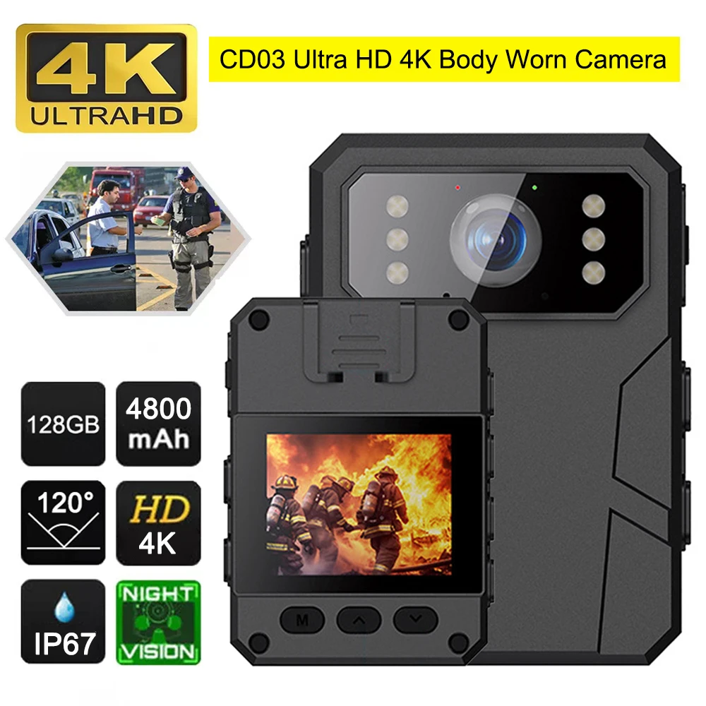 4K HD Mini Camera Police Recorder with HD IPS Screen HD Police Body Worn Camera, Wearable Portable Body Camera