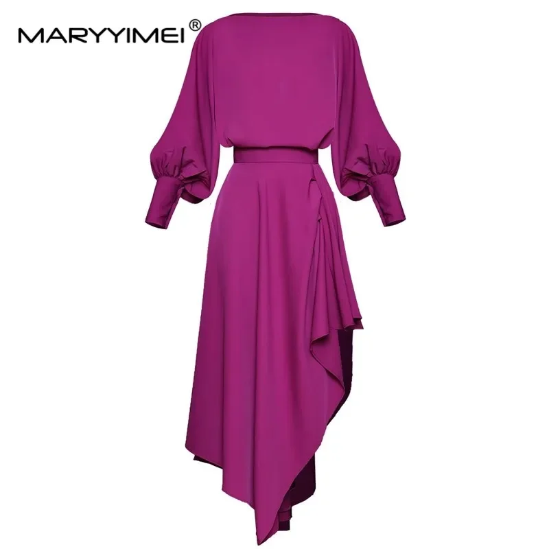 

MARYYIMEI Fashion Designer Suit Spring Summer Women Lantern Sleeve Loose Tops+ Asymmetrical skirt Two-piece set