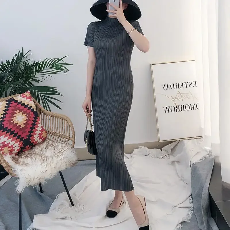 Pleated Dress Long Pressed Pleated Small Standing Neck Straight Tube Skirt 2023 Spring/Summer New Large