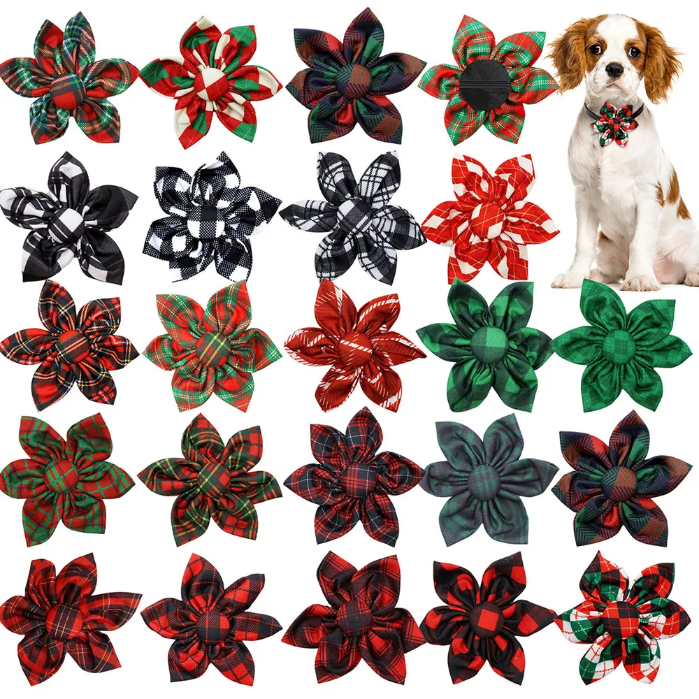 

20/40PCS Winter Dog Bowties With Elastic Bands Movable Plaid Dog Bow Ties Collars For Christmas Party Pet Grooming Accessories