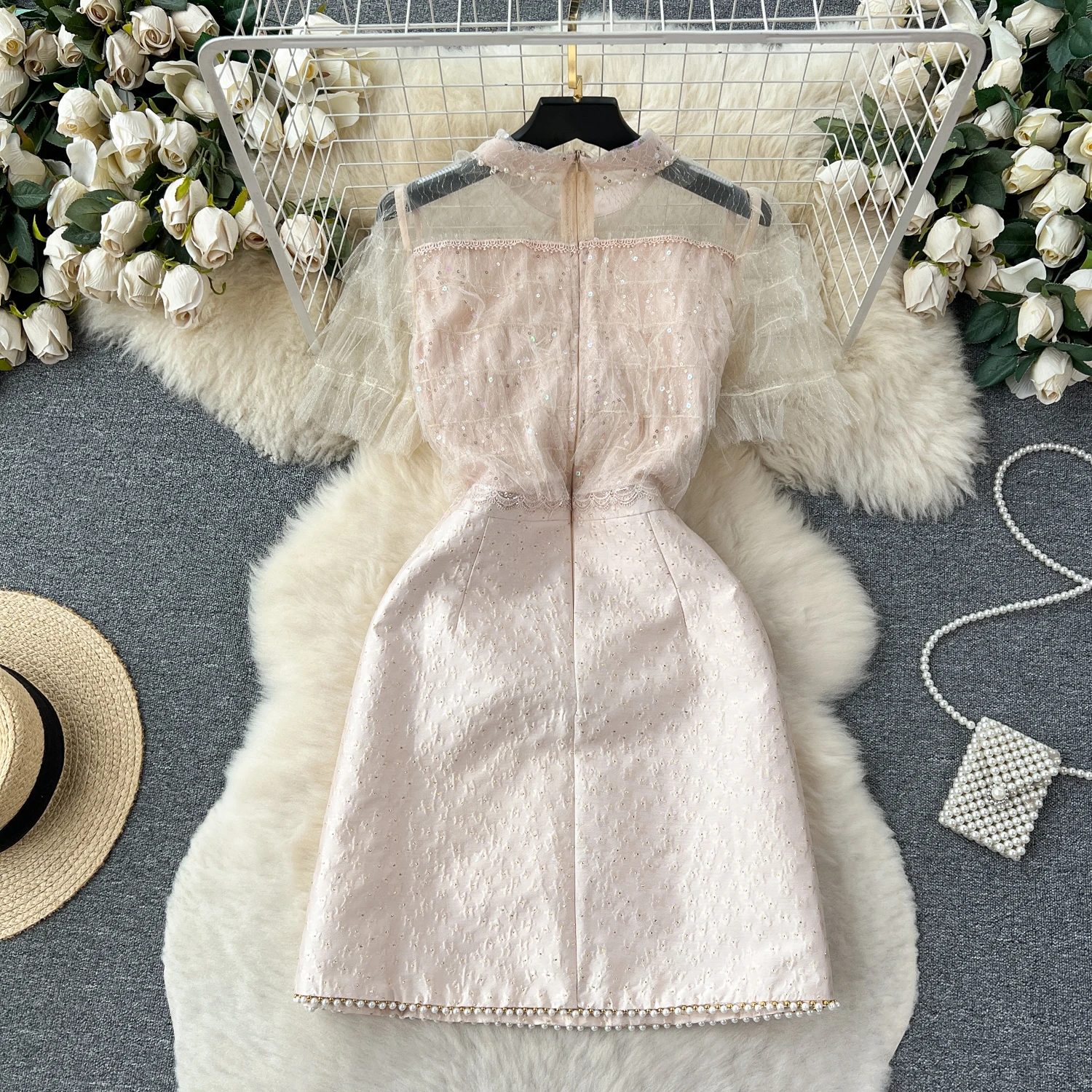 E Vestido de Noche con Lentejuelas Brillantes, Bordado, Cintura Alta, Corte en A, Pedrería, Estilo Coreano, Manga Corta