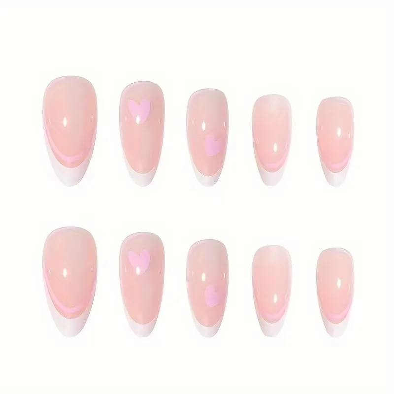 24 pzas Uñas postizas en forma de almendra con diseño de gota de agua, color rosa, estilo lindo europeo y americano, francesas, arte de uñas 3