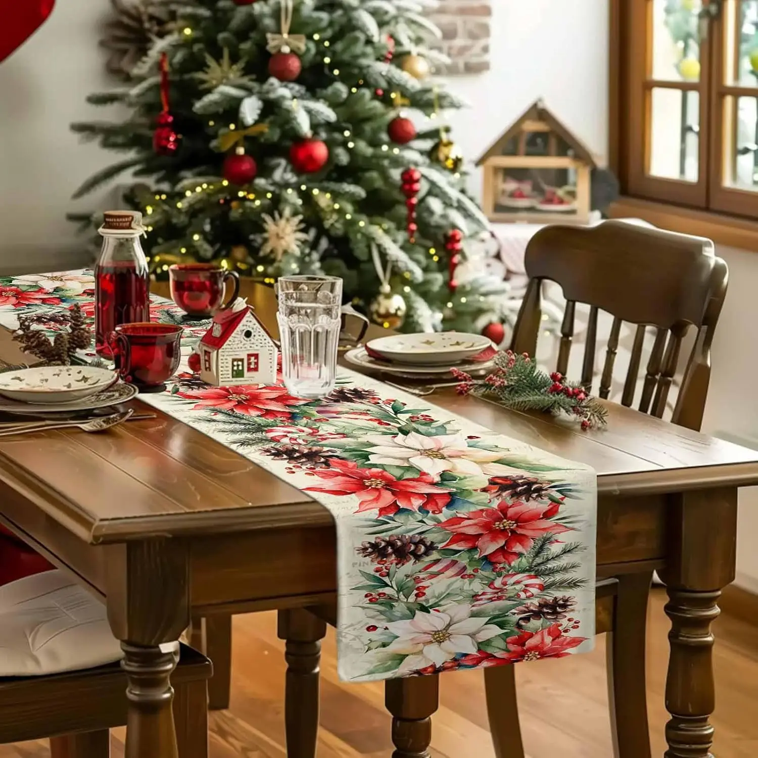 Christmas Poinsettia Pine Needle Pine Cone Linen Table Runner for Table Decor Xmas Botanical Table Runner Christmas Decorations