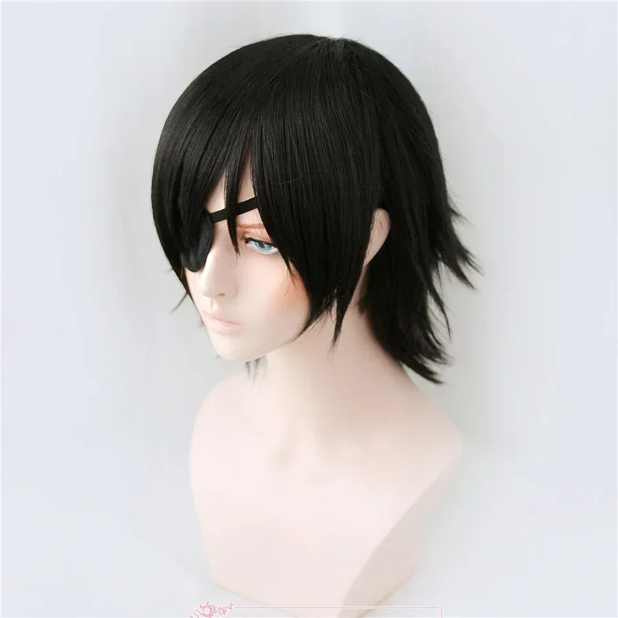 Himeno peruca motosserra homem preto curto fofo em camadas cabelo sintético com olhos remendo resistente ao calor traje festa jogar