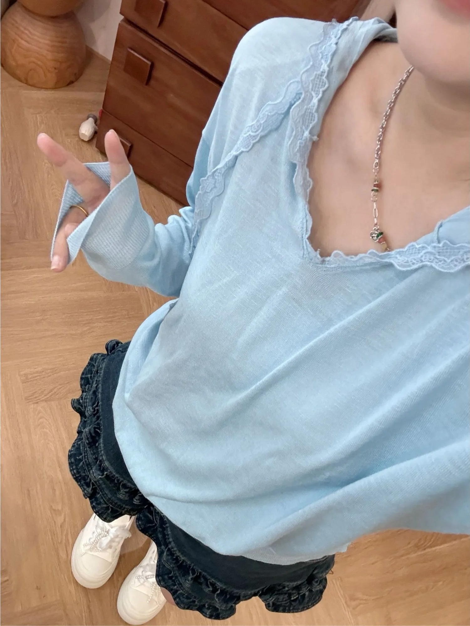 

Летний женский топ JINGU Alice Sweet Dr Lace с капюшоном и завязками, тонкий, белый, модный, универсальный, в стиле Ханьфу, с круглым вырезом и длинными рукавами