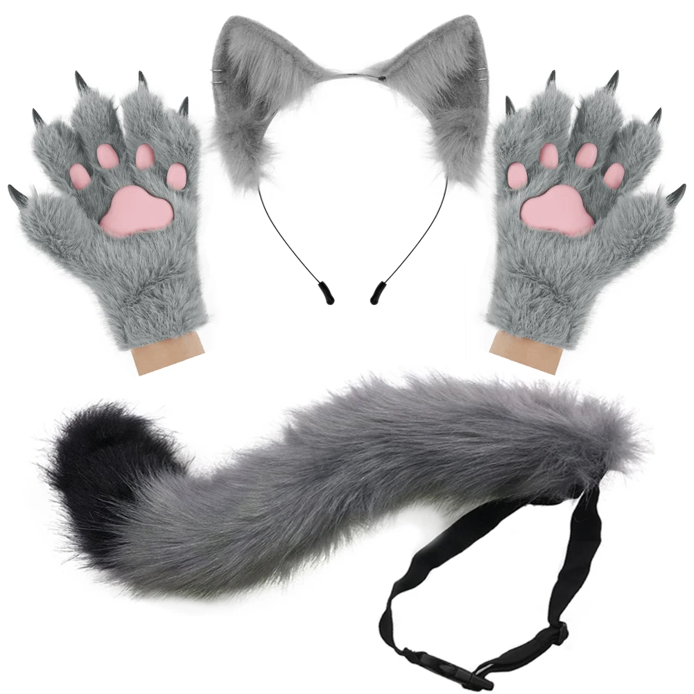 Flauschige Katzenohren, Katze, langer Schwanz, plus süße Katzenpfoten, Handschuhe, Set, Cosplay, Kostümzubehör, Halloween, Karneval, Party, Anzieh – Detail 4
