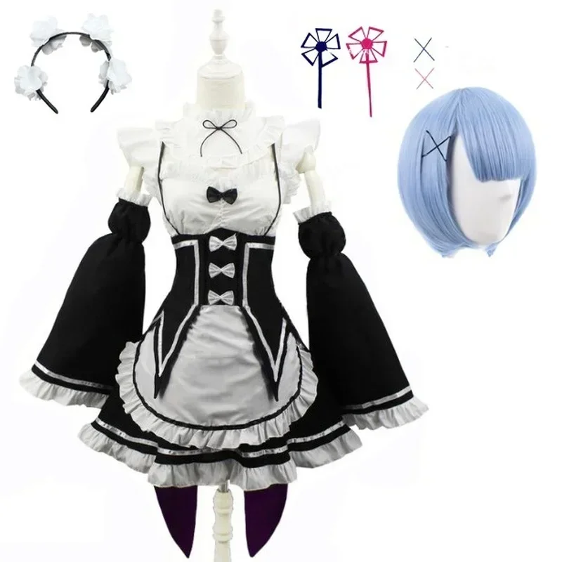 N66anime Ram/REM Lolita pokojówka kostiumy cosplay sukienka re: zero Kara hajimeru isekai Seikai kostiumy na Halloween dla kobiet loli2w $%