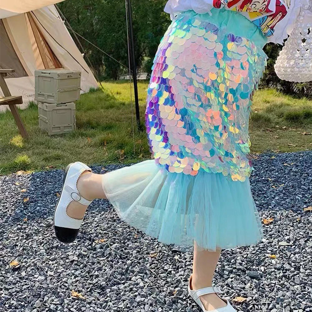 

Summer New Girls Skirts Children‘s Half Dress Mini Skirt Daughter Of The Sea Blue Mermaid Princess Dress Special Sequins Dress