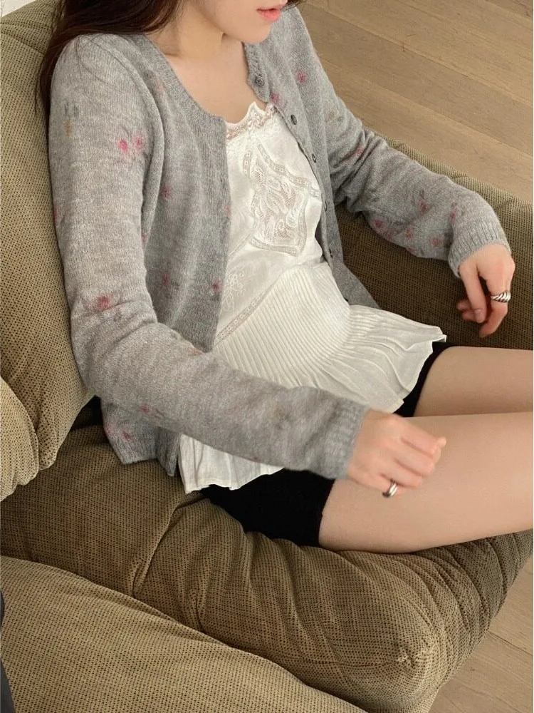 Korean Design Gradient Floral Print Knitted Open Cardigan Women's Spring New Style Youthful Thin Sweater Short Outerwear
