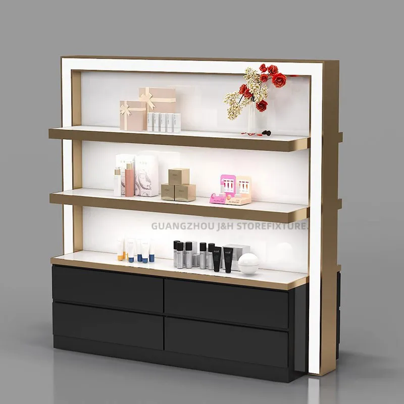 

Custom Multi-functional PU Paint Wood Shop Cosmetics Island Ornaments Display Cabinet Beauty Salon Shelves