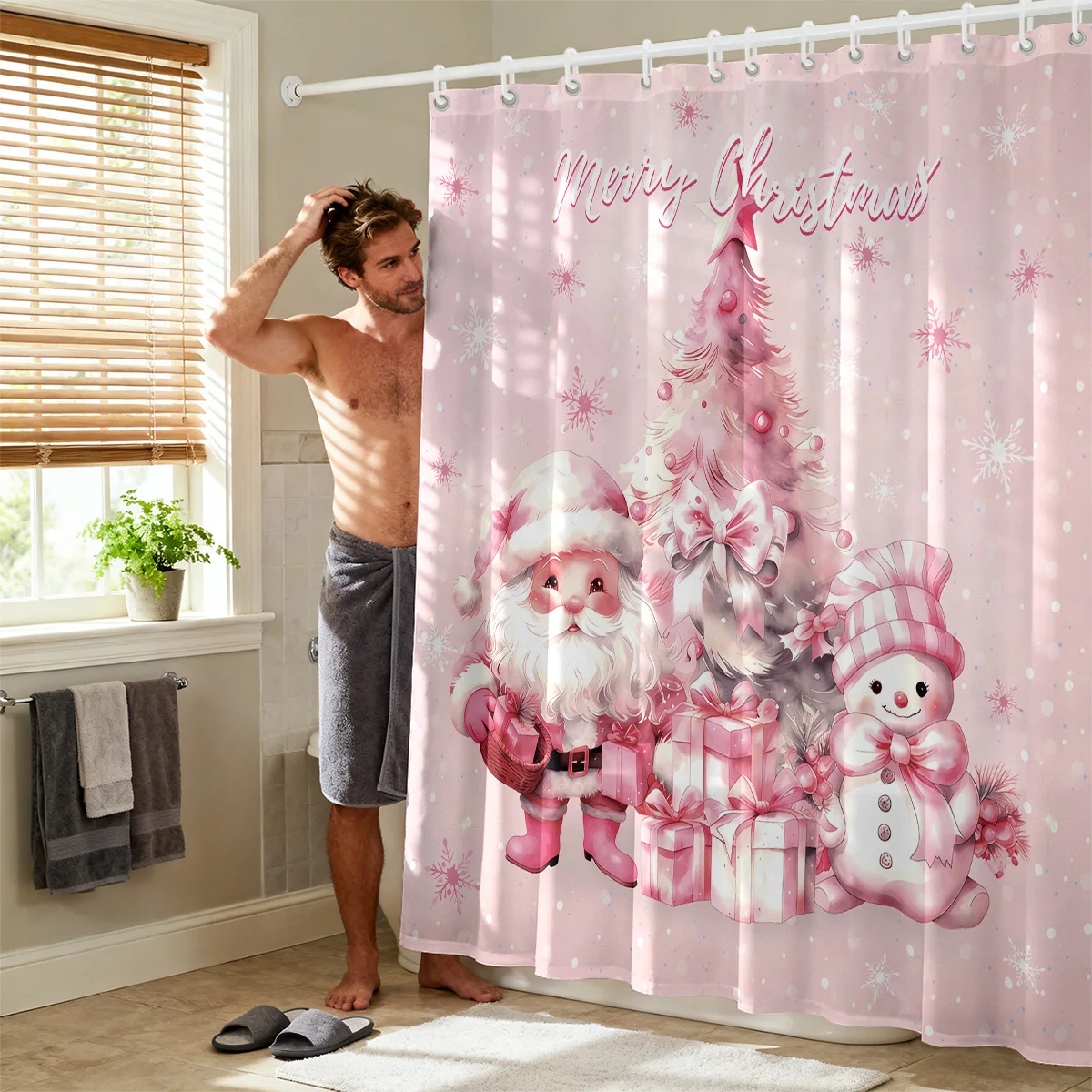 Shower Curtain Funny Shower Curtain Luxury 1pc pink Christmas print waterproof shower partition privacy hanging curtain 12 hooks