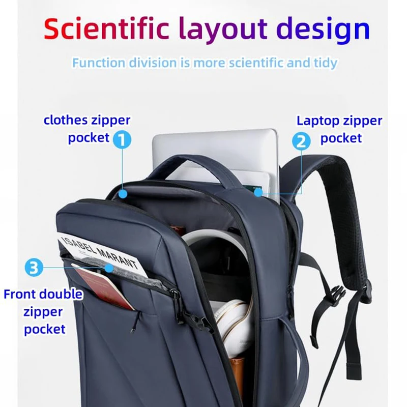 Mochila para laptop aberta de 180 graus com porta de carregamento USB Bolsa de viagem de negócios à prova d'água com alça de bagagem para computador de 15,6 polegadas
