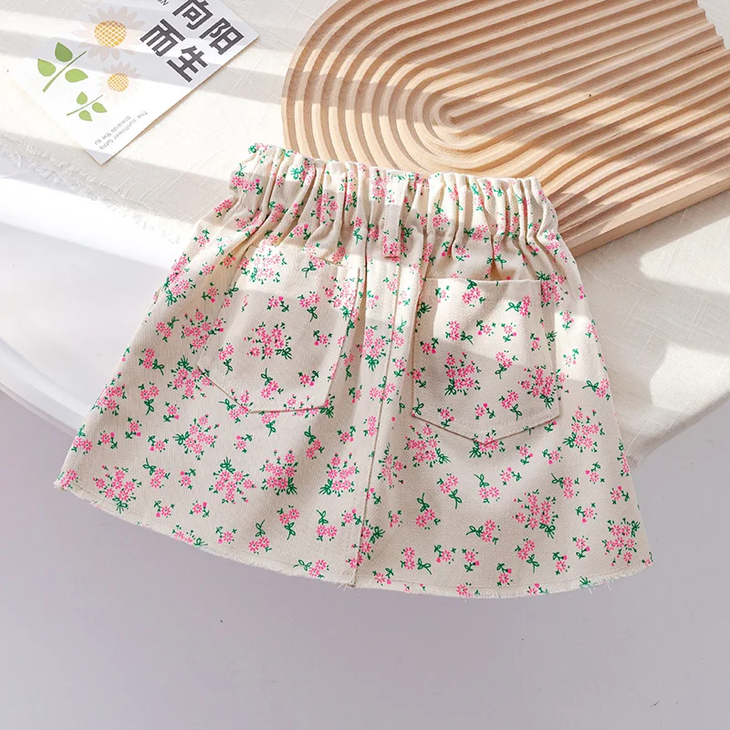 2-6Y Summer Girls Short Skirt Baby Fashionable Children Personality Fashion Sweet Flower Denim Skirt One Step