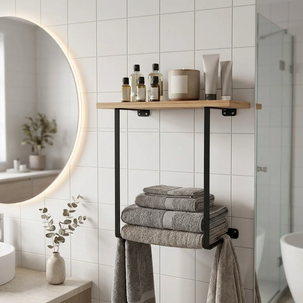 Towel Rack with Wall Mounted Shelf for Bathroom Towel and Skincare Item Storage Space Saving Dual Function Design