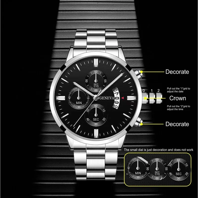 Relógio de negócios analógico casual masculino, conjunto pulseira e colar, 3 peças por conjunto