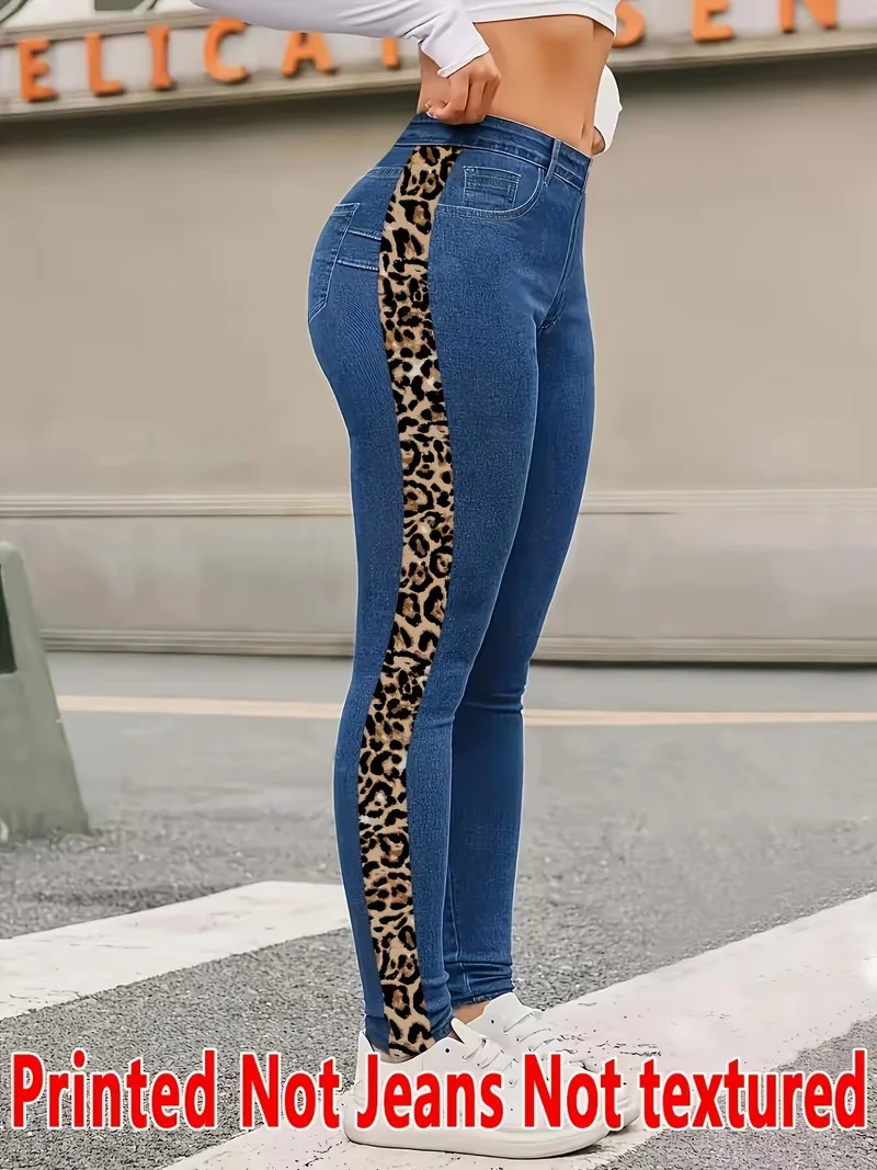 Women Printed Leggings Not Denim Fabric, Fake Pocket & Button Print Design Pants, High Elastic Fashion Slim Fit Skinny Casual Tr
