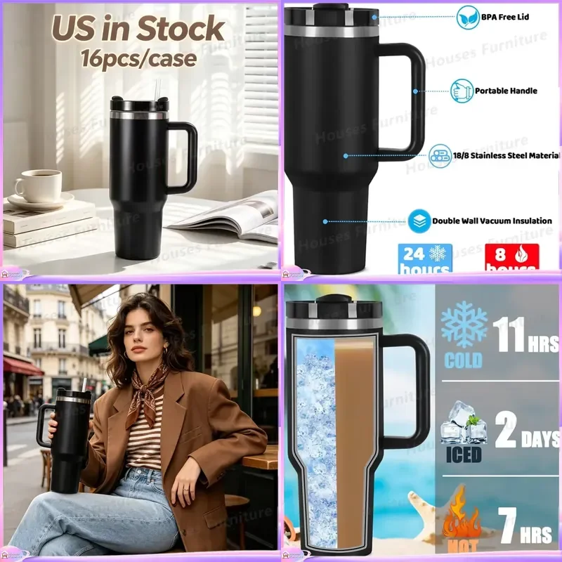 40oz Insulated Water Bottle Stainless Steel Vacuum Flask Powder Coated Sports Travel Mug with Handle Leakproof for Car Gym