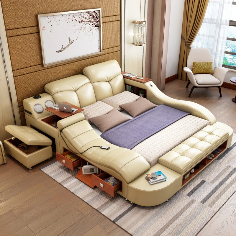 

Massager Luxury Bed Master Bedroom Queen Lounge Nightstands Adjustable Bed Drawers Sleeping Mobilier Maison Home Furniture
