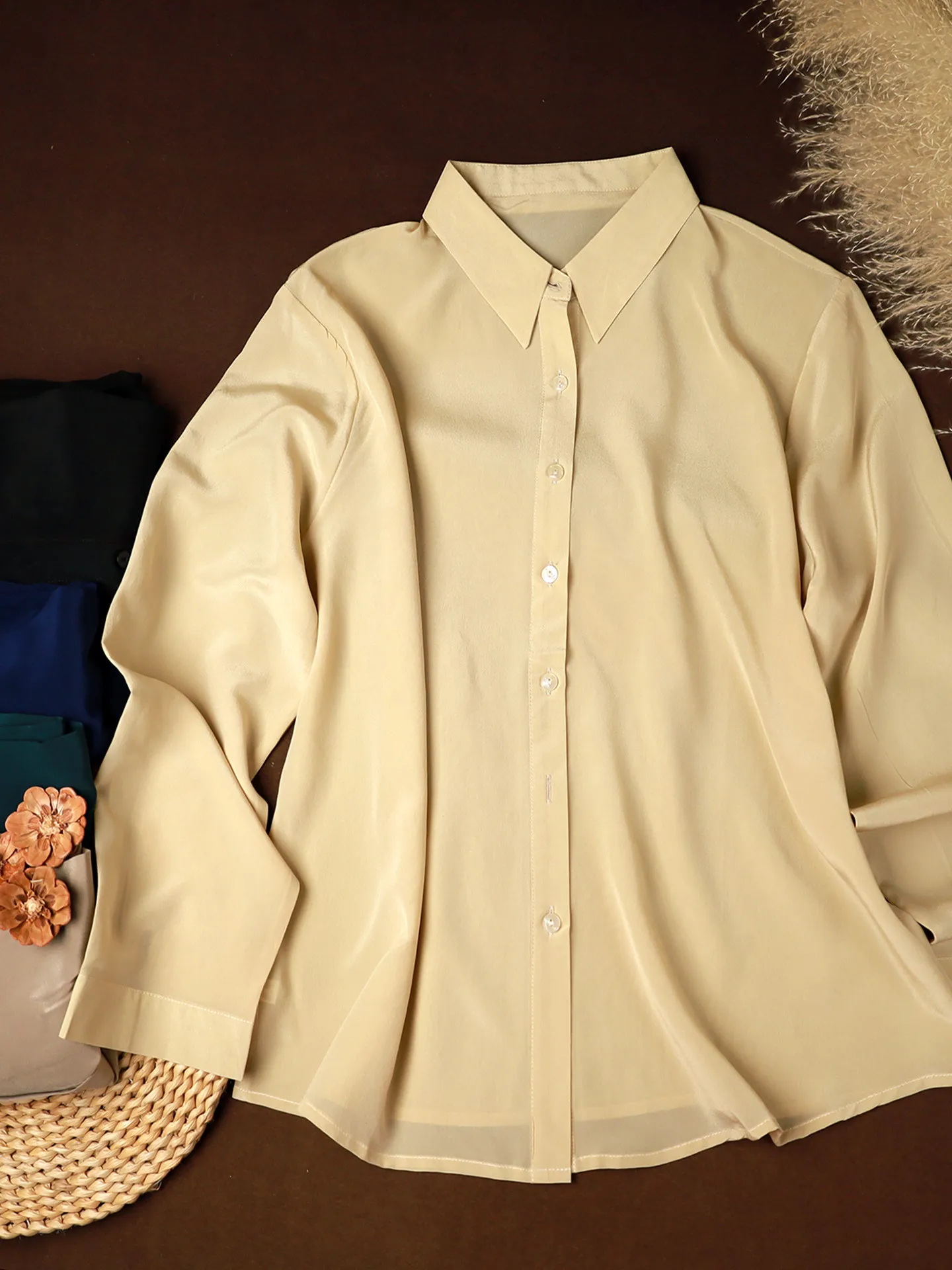 

100% mulberry silk shirt women's double crepe matte long-sleeved simple square collar casual commute spring and summer thin