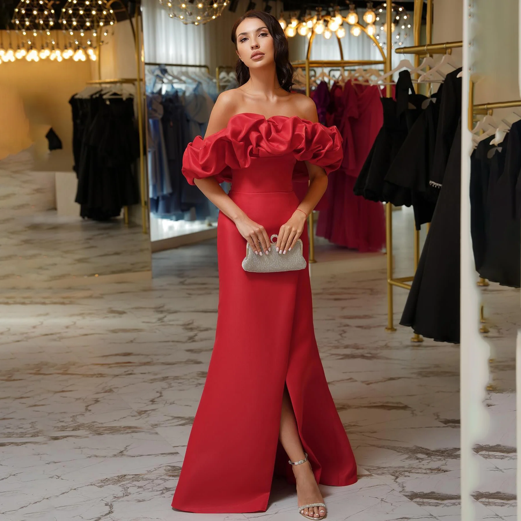 GIOIO Off Shoulder Luxury Formal Evening Dresses Pleat Red Sleeveless فساتين سهرة Floor Length Elegant Prom Gowns Party Women