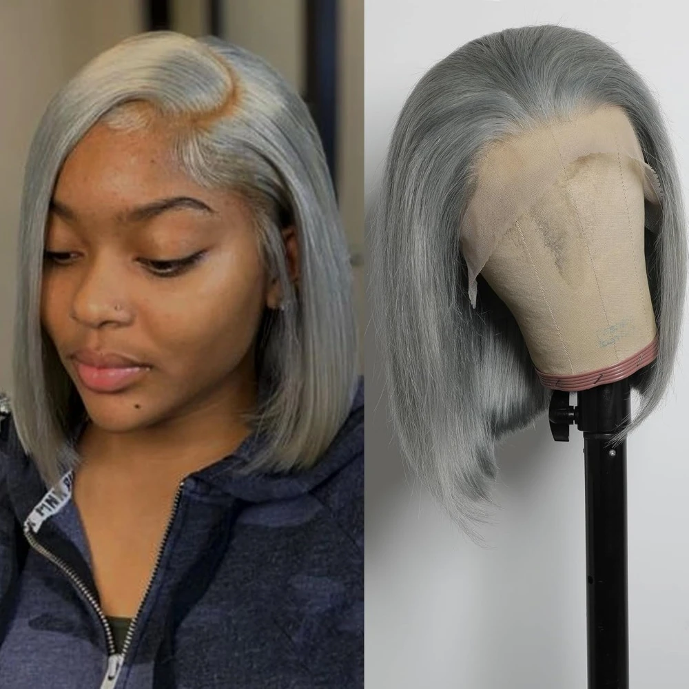 

Синтетический парик Grey Bob с кружевной передней частью 13x4 HD, свободная линия роста волос, плотность 180%, короткий прямой парик с кружевной передней частью для повседневного использования, вечеринок и косплея