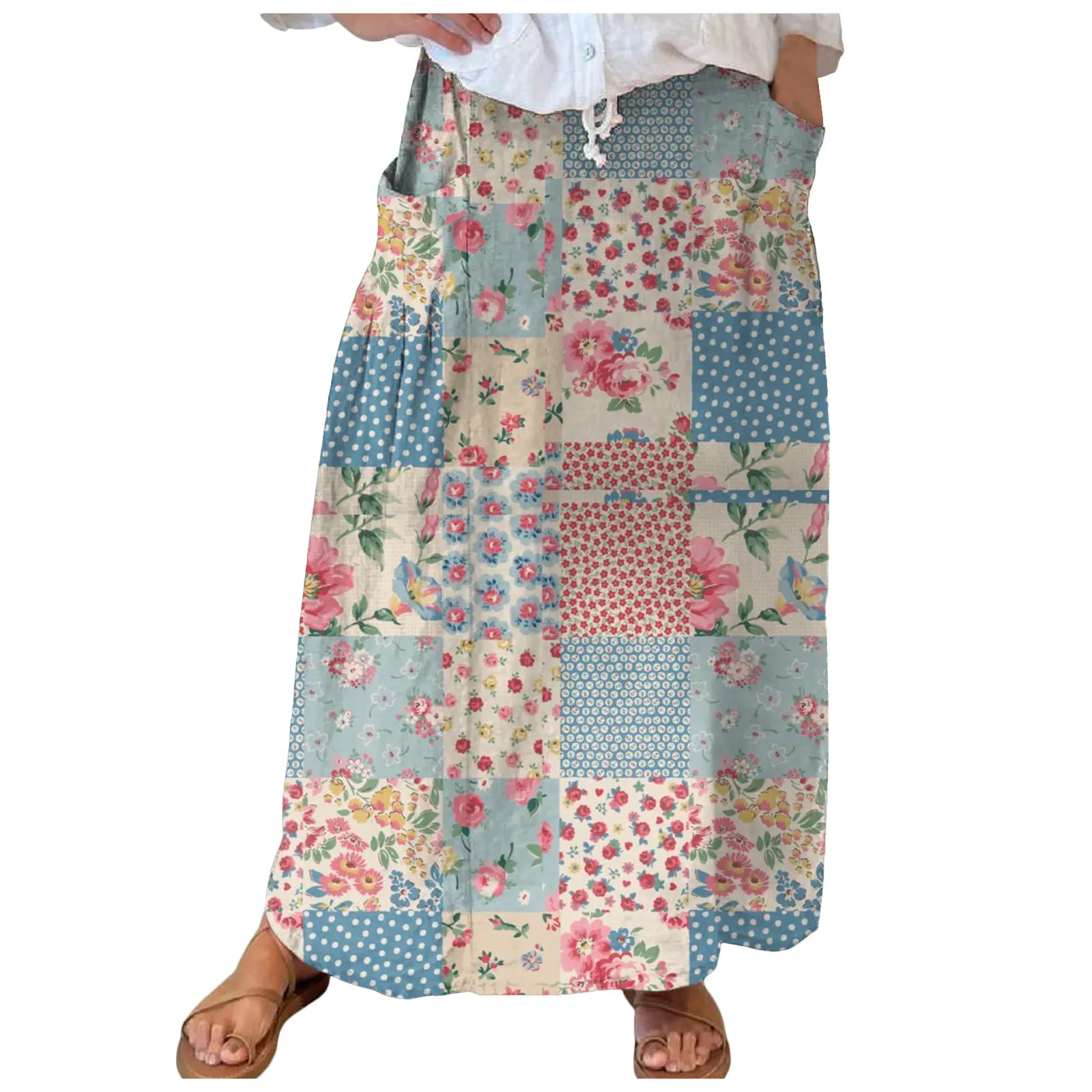 

Retro Floral Print Women's Skirt And Culottes, Loose Large Size Casual Nine-quarter Pants, Wide-leg Pocket Culottes skirts