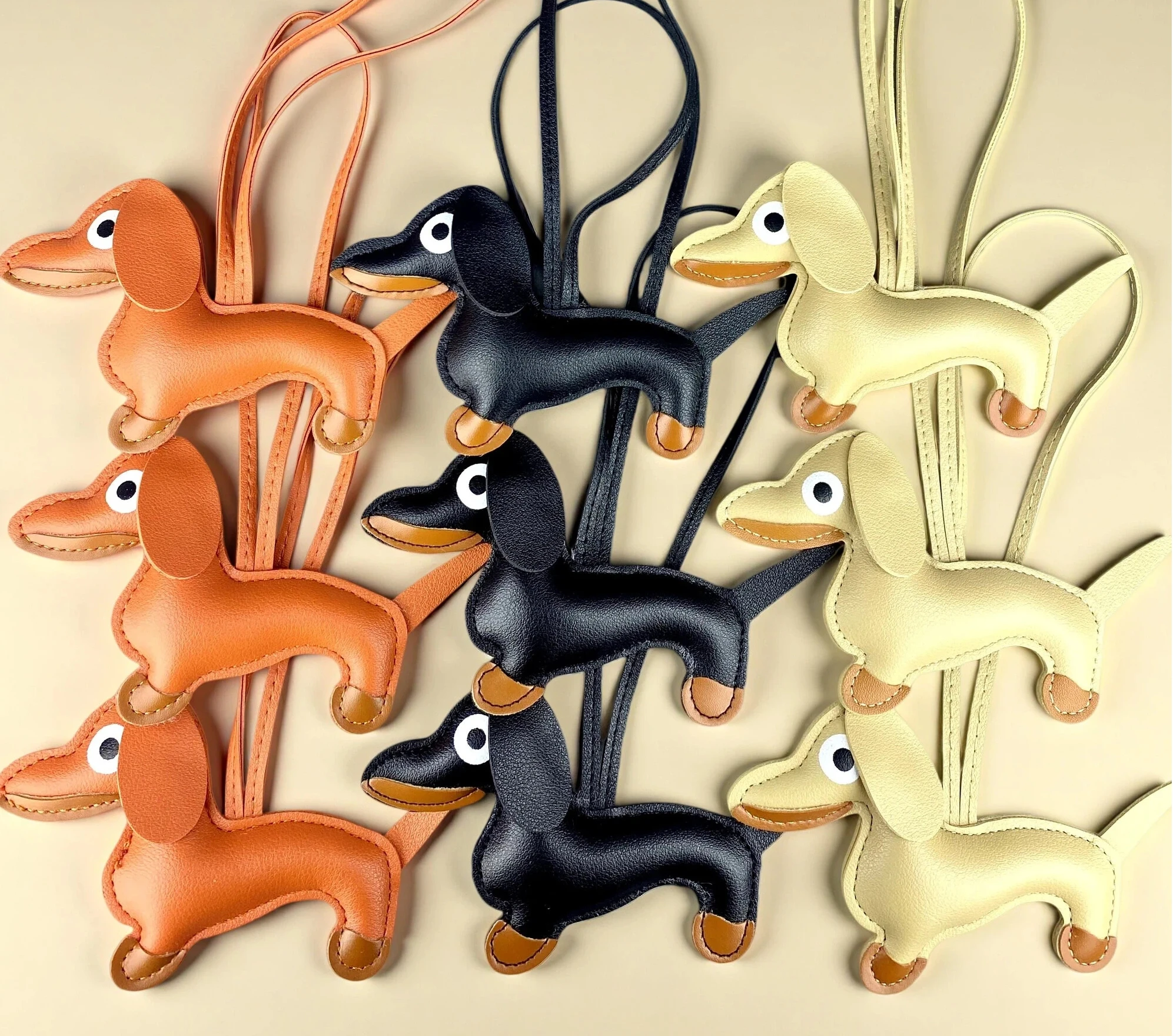 3pcs Leather Dachshund Bag Charm Set, High Quality PU Leather Dog Purse Hanger, Wiener Keychain Decor, Animal Pendant Bag  Charm