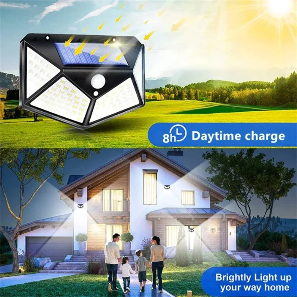 1/2/4PCS 100 LED Solar Wall Lamp 4 Sides Luminous with Motion Sensor Outdoor Garden Courtyard 3 Modes Waterproof Wall Lights