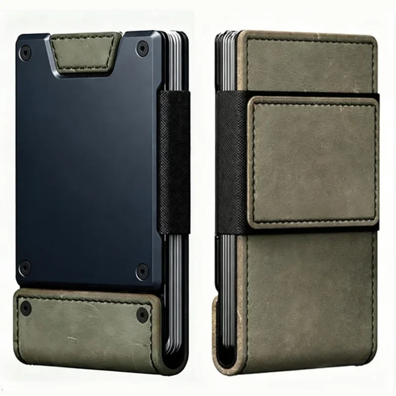 RFID Blocking Metal Credit Card Holder Crazy Horse Leather Slim Wallet Men Quick Access Money Clip Card Case Minimalist Gift