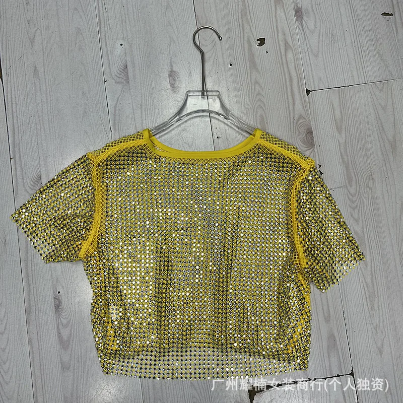 Blingbling Full Diamonds Cool Perspective Mesh Loose Short Sleeve T-shirt All-match Round Neck Crop Pullover Top Women Smock