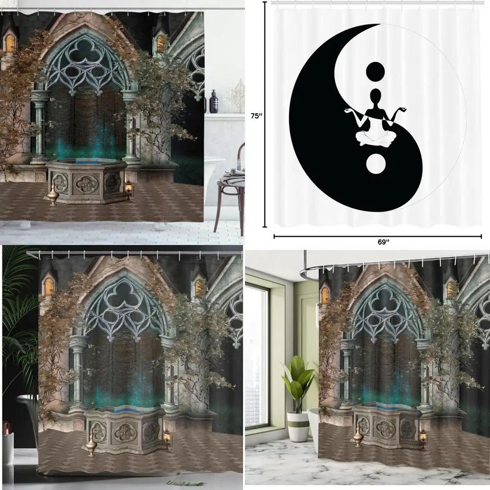 

enchanted ivy wishing well shower curtain, antique gateway to forest, fabric bathroom decor