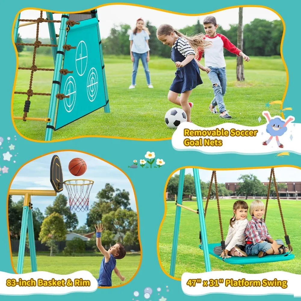 الأفضل - مجموعة أرجوحة للفناء الخلفي، مجموعات أرجوحة معدنية شديدة التحمل للأطفال مع أرجوحتين، شبكات سلم التسلق، قضيب ترابيز، أهداف كرة القدم #6