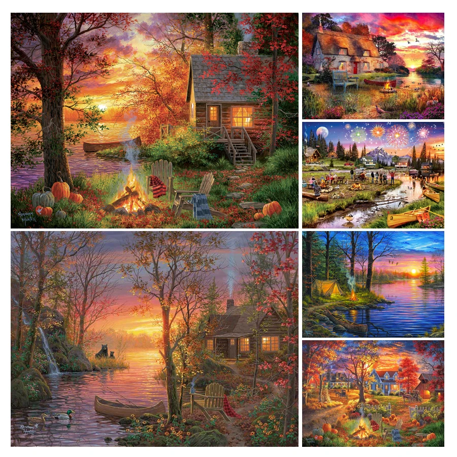 

Autumn Scenery Diamond Painting Cross Stitch Kits Camping Bonfire 5d Diy Full Mosaic Embroidery Lake House Home Decor AA3856
