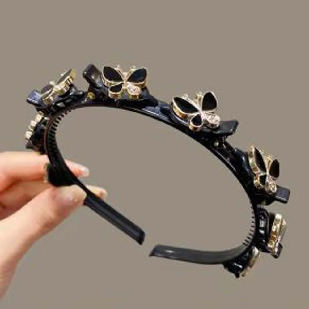 

Elegant Hair Bands with Clips Shiny Sweet Rhinestone Bangs Clip Headband Plastic French Style Women Butterfly Hair Hoop Daily